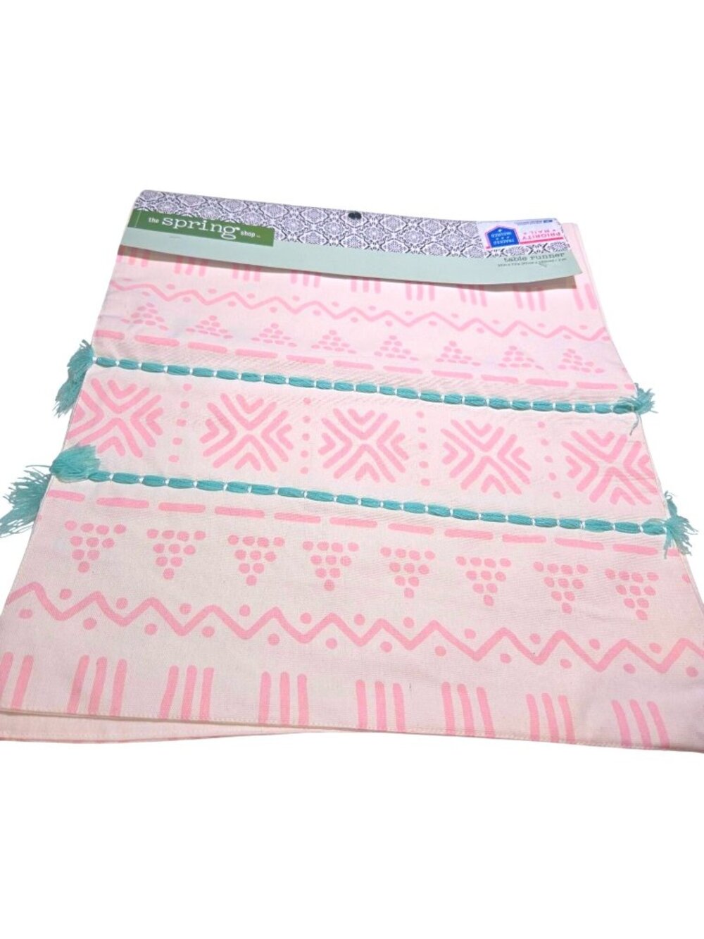 The Spring Shop Pink  Teal Geometric Print Table Runner W Tassels 13x72 Cotton-B
